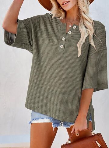 Dokotoo Womens Summer Tops Casual Waffle Knit Short Sleeve Henley Shirts Oversized 1/4 Button Neck Tunic Blouses in Saudi Arabia