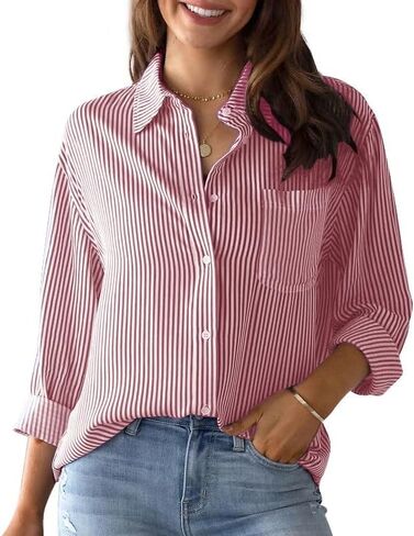 IBAOTORONI Women's Striped Button Down Shirts: Long Sleeve Office Casual Business Blouses with Pocket in Saudi Arabia