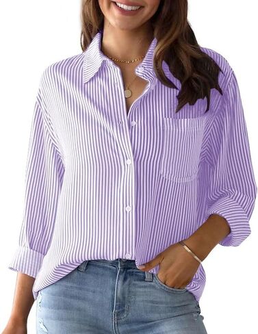 IBAOTORONI Women's Striped Button Down Shirts: Long Sleeve Office Casual Business Blouses with Pocket in Saudi Arabia