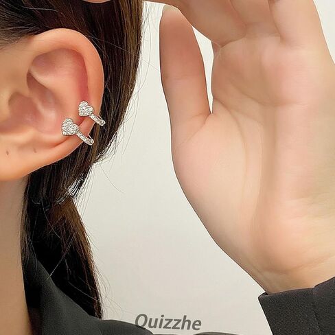 Heart Ear Cuff Earrings Simple Tiny Silver Pave Crystal Wrap Earrings Sweet Double Heart Shape Rhinestone Cartilage Clip Non-Piercing Trendy Jewelry Gifts for Women in Saudi Arabia
