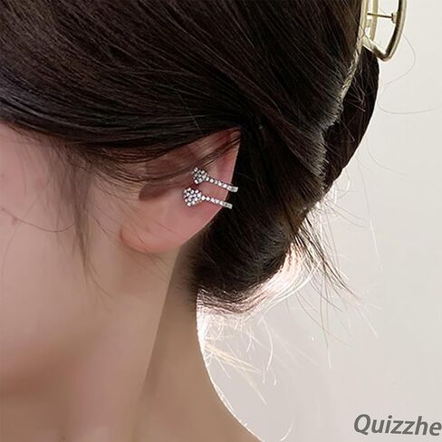 Heart Ear Cuff Earrings Simple Tiny Silver Pave Crystal Wrap Earrings Sweet Double Heart Shape Rhinestone Cartilage Clip Non-Piercing Trendy Jewelry Gifts for Women in Saudi Arabia
