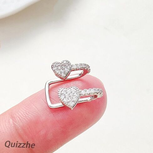 Heart Ear Cuff Earrings Simple Tiny Silver Pave Crystal Wrap Earrings Sweet Double Heart Shape Rhinestone Cartilage Clip Non-Piercing Trendy Jewelry Gifts for Women in Saudi Arabia