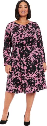 London Times Women's Pleated Neck Long Sleeve Fit and Flare in Saudi Arabia