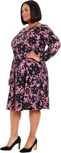 London Times Women's Pleated Neck Long Sleeve Fit and Flare in Saudi Arabia