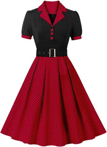 ODIZLI Women's 1950s Retro Dress Short Sleeve Notched Lapel Polka Dot Stripe Swing Dress with Belt Cocktail Dress in Kuwait