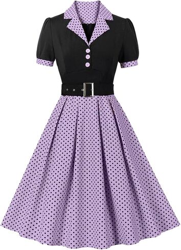 ODIZLI Women's 1950s Retro Dress Short Sleeve Notched Lapel Polka Dot Stripe Swing Dress with Belt Cocktail Dress in Kuwait