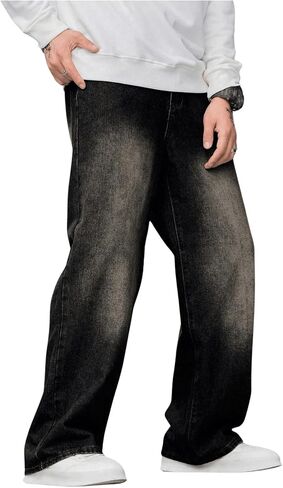 OYOANGLE Men's Wide Leg Denim Pants Casual Hip Hop Solid Loose Fit Jean Pants Streetwear Skateboard Pants in Saudi Arabia