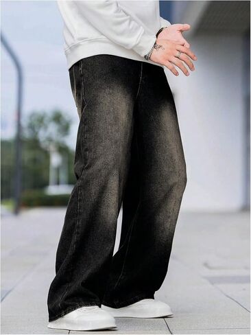 OYOANGLE Men's Wide Leg Denim Pants Casual Hip Hop Solid Loose Fit Jean Pants Streetwear Skateboard Pants in Saudi Arabia