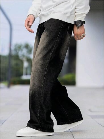 OYOANGLE Men's Wide Leg Denim Pants Casual Hip Hop Solid Loose Fit Jean Pants Streetwear Skateboard Pants in Saudi Arabia
