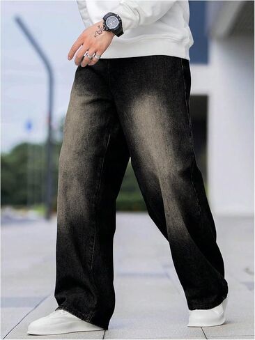 OYOANGLE Men's Wide Leg Denim Pants Casual Hip Hop Solid Loose Fit Jean Pants Streetwear Skateboard Pants in Saudi Arabia