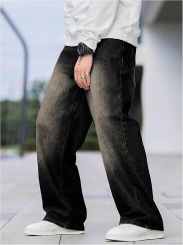OYOANGLE Men's Wide Leg Denim Pants Casual Hip Hop Solid Loose Fit Jean Pants Streetwear Skateboard Pants in Saudi Arabia