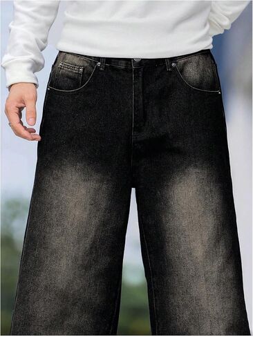 OYOANGLE Men's Wide Leg Denim Pants Casual Hip Hop Solid Loose Fit Jean Pants Streetwear Skateboard Pants in Saudi Arabia