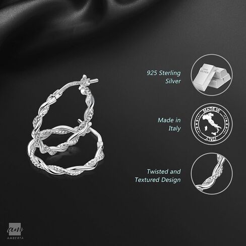 Amberta Italian 925 Sterling Silver Hoop Earrings for Women | Silver Twisted Hoops | Twisted Rope Hoop Earrings | Silver Round Hoop Earrings for Women in Kuwait