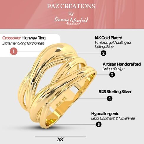 Paz Creations 925 Sterling Silver Criss Cross Ring For Women, Statement Ring, Artisan Handcrafted Designer with 1 Year Warranty, Silver/Gold Plated Ring in Kuwait