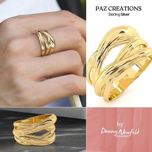 Paz Creations 925 Sterling Silver Criss Cross Ring For Women, Statement Ring, Artisan Handcrafted Designer with 1 Year Warranty, Silver/Gold Plated Ring in Kuwait