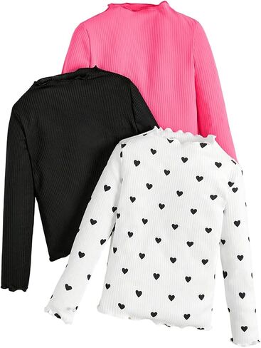MakeMeChic Girl's Lettuce Trim Mock Neck Shirt 3 Pack Long Sleeve Rib Knitted Tee Tops in Saudi Arabia