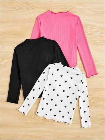 MakeMeChic Girl's Lettuce Trim Mock Neck Shirt 3 Pack Long Sleeve Rib Knitted Tee Tops in Saudi Arabia