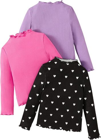 MakeMeChic Girl's Lettuce Trim Mock Neck Shirt 3 Pack Long Sleeve Rib Knitted Tee Tops in Saudi Arabia