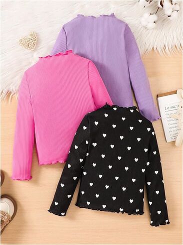 MakeMeChic Girl's Lettuce Trim Mock Neck Shirt 3 Pack Long Sleeve Rib Knitted Tee Tops in Saudi Arabia