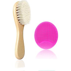 Baby Hair Brush, Mocokkiti Goat Bristles Brush and Baby Cradle Cap Brush Set for Cradle Cap Wood Bristle Brush for Newborns and Toddlers, Blue Silicone Brush (2PCS)