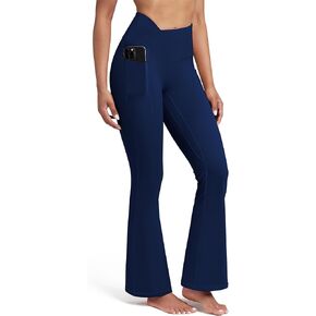 QUEENIEKE Crossover Flare Leggings with Pockets for Women, High Waisted 30" Seamless Front Squat Proof Yoga Pants Wide Legs