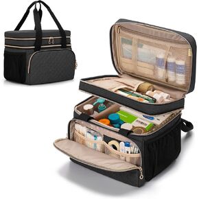 LUXJA Double Layer Medicine Bag with Detachable Divider, Pill Bottle Organizer with Handle Straps (Suitable for Travel or Home), Black