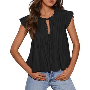 BTFBM Women Summer Casual Shirt 2025 Resort Outfits Ruffle Cap Sleeve Front Bow Tie Tops Loose Flowy Beach Blouse Shirts