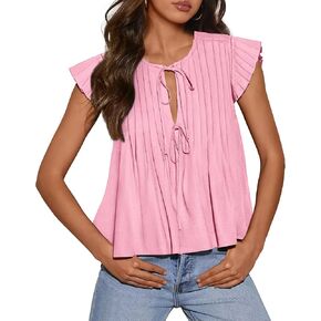 BTFBM المرأة الصيف قميص غير رسمي 2025 ملابس المنتجع كشكش كم كاب الجبهة ربطة القوس فيونكة القمم فضفاضة فلوي الشاطئ بلوزة قمصان in Kuwait