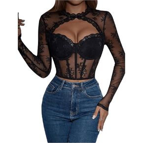 OYOANGLE Women's Contrast Lace Long Sleeve Stand Collar Cut Out Front Tops Slim Fit Sheer Crop Tops