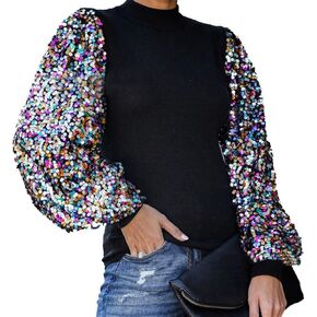 xxxiticat Women's Long Lantern Sleeve High Neck Sequined Blouse Top Puff Sleeve Patchwork Color Block Shiny Sweatshirts