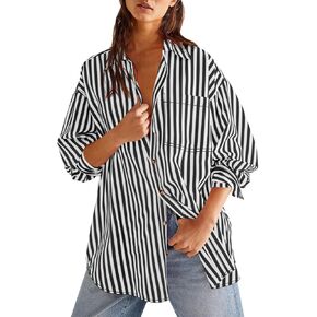 Cicy Bell Womens Oversized Striped Button Down Shirts Boyfriend Long Sleeve Collared Work Blouses