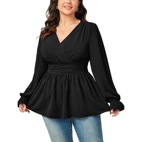 Women's Plus Size Tops Wrap Blouse V Neck Long Sleeve Ruffle Peplum Tops Casual Ruched Top