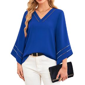 Lotusmile Women Fashion V Neck Chiffon Blouses 3/4 Bell Sleeve Shirts Casual Dressy Work Tops