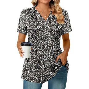 Zeagoo Womens Short Sleeve Polo T Shirts Pleated V Neck Tee Collared Summer Tops Fashion Business Casual Work Blouse