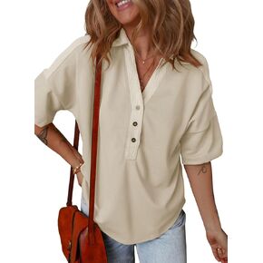 Dokotoo Women‘s Summer Shirts Casual Short Sleeve 1/4 Button Solid Collar Neck Curved Hem Pullover Sweatshirts Tops