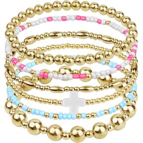 18K Gold Beaded Bracelets For Women: Gold Bead Stretch Bracelets For Women - Gold Plated Beaded Bracelets Non Tarnish - Gold Bracelet with Cross Charm - Tarnish Free Gold Beaded Bracelets Small Wrist in Kuwait