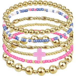 18K Gold Beaded Bracelets For Women: Gold Bead Stretch Bracelets For Women - Gold Plated Beaded Bracelets Non Tarnish - Gold Bracelet with Cross Charm - Tarnish Free Gold Beaded Bracelets Small Wrist