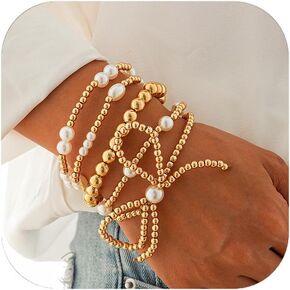 Gold Bow Bracelets for Women Gold Beaded Bracelets Stretch Bracelets Bead Ball Bracelets Pearl Stackable Bracelets Adjustable Gold Bracelets Jewelry for Women