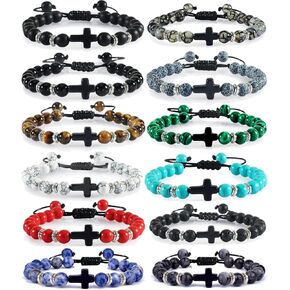12 Pcs Cross Beads Bracelet for Men Women 8mm Healing Lava Stone Bracelets Tiger Eye Stone Crystal Anxiety Beaded Bracelet Adjustable