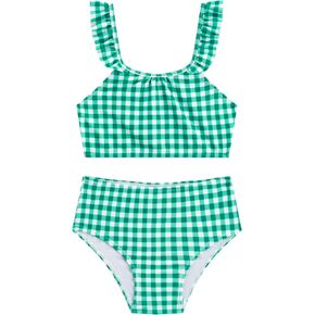 LIZENS Girls Two Piece Swimwear Green Checkered Tankini Set Cute Bathing Suits for Kids