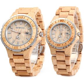 BEWELL ZS-100B Couple Wooden Quartz Watch Men and Women Handmade Lightweight Date Display Fashion Watches