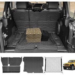 Cargo Mats & Trunk Net for 2021-2024 Jeep Wrangler JL 4XE Trunk Mat Backrest Liner with Cargo Net All Weather Anti-Slip Rear Back Seat Mats Cargo Net for Wrangler JL 4XE 4 Door Accessories