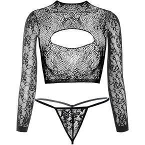Sexy Women's Two-Pieces Fishnet Lingerie,G-String Panties,Long Sleeve Crop Top Stretch Sheer Bodysuit Set (Black)