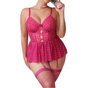 OYOANGLE Women's Plus Size Garter Lingerie Set Polka Dots Cut Out Underwire Chemise Nightgown with Stocking