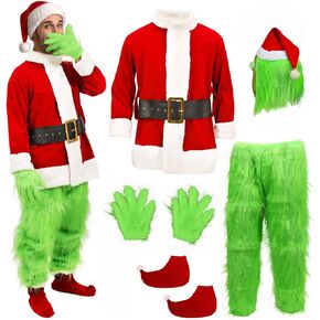 Adult Green Monster Costume, 6PCS Christmas Elf Santa Furry Mask Outfit Gloves Hat, Deluxe Xmas Fancy Dress Cosplay