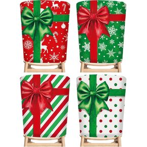 4Pcs Christmas Chair Back Covers Red Green Bow Xmas Dining Chair Slipcovers Snowflake Candy Stripe Removable Seat Protector Covers for Winter Party Home Kitchen Decor