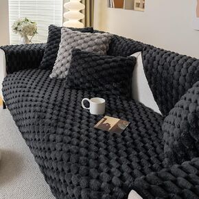 Rabbit Plush Sofa Cover,Non-Slip Faux Fur Couch Cover,Warm Sofa Cover Fuzzy Furry Sofa Slipcover Furniture Protector（Black 36"x70"3-Seater Sofa Cover