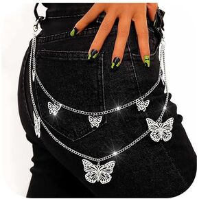 Butterfly Pants Chain Silver Layered Jean Chains Punk Goth Wallet Chain for Women and Men