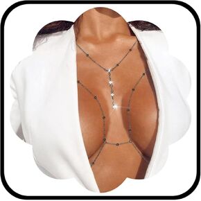 Urieo Sparkly Beads Bra Chain Silver Crystal Chest Chains Rhinestone Layered Sexy Nightclub Beach Rave Body Chain for Women