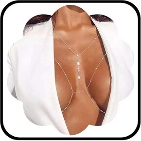 Urieo Sparkly Beads Bra Chain Silver Crystal Chest Chains Rhinestone Layered Sexy Nightclub Beach Rave Body Chain for Women
